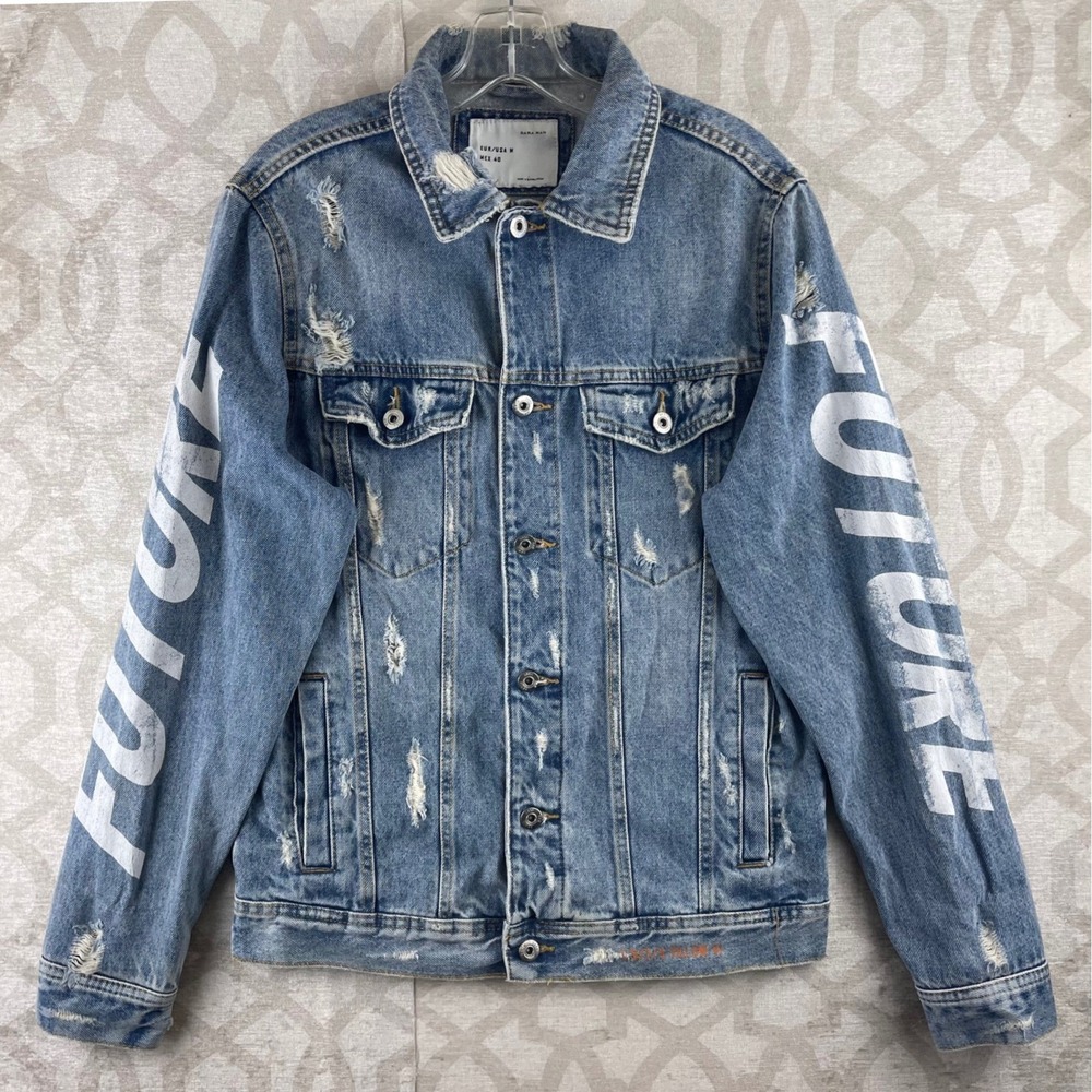 Zara Man Denim Jacket Mens Medium Blue Distressed Graphic Future Sleeves Denim M